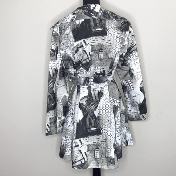 Samuel Dong Gray Newspaper Zip Up Trench Coat with Belt - Picture 3 of 12